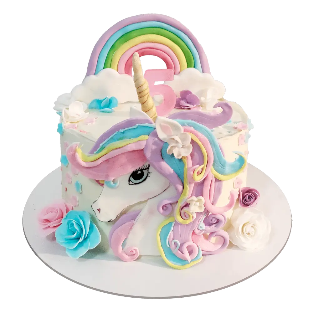 Торт бисквитный в подарок для девочки с декором единорогом и радугой